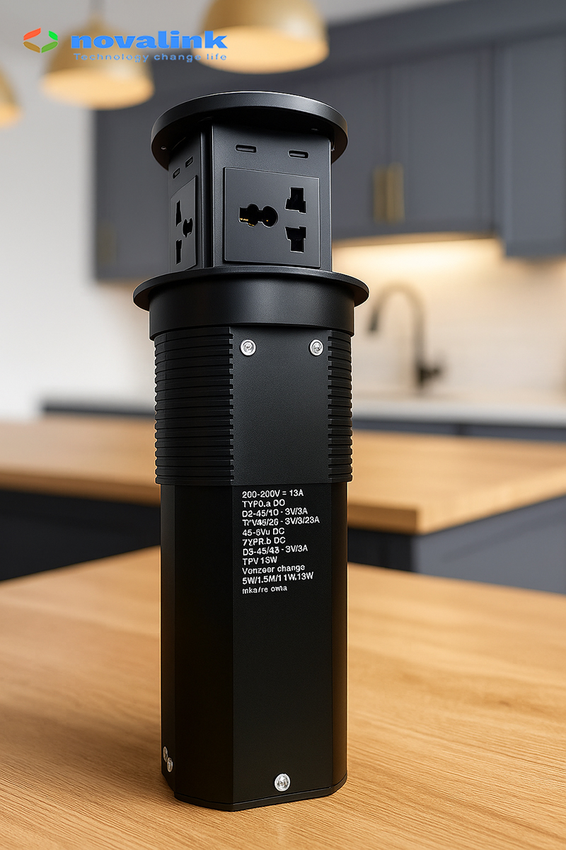 Hộp ổ điện âm bàn bếp, bàn đảo  Novalink KA-01 | 4 ổ cắm 13A, USB A+C, sạc 15W